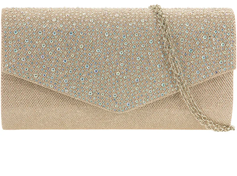 0702 GLITTERY ENVELOPE CLUTCH BAG WITH BLING FLAP Champagne