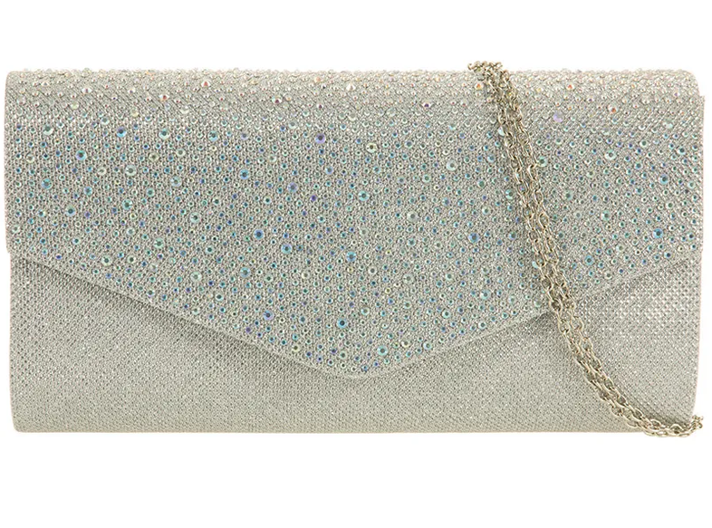 0702 GLITTERY ENVELOPE CLUTCH BAG WITH BLING FLAP Silver