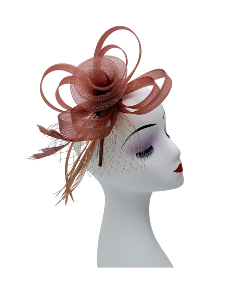 Ft26075 Floral Fascinator with Feathers and Net Detail Brown