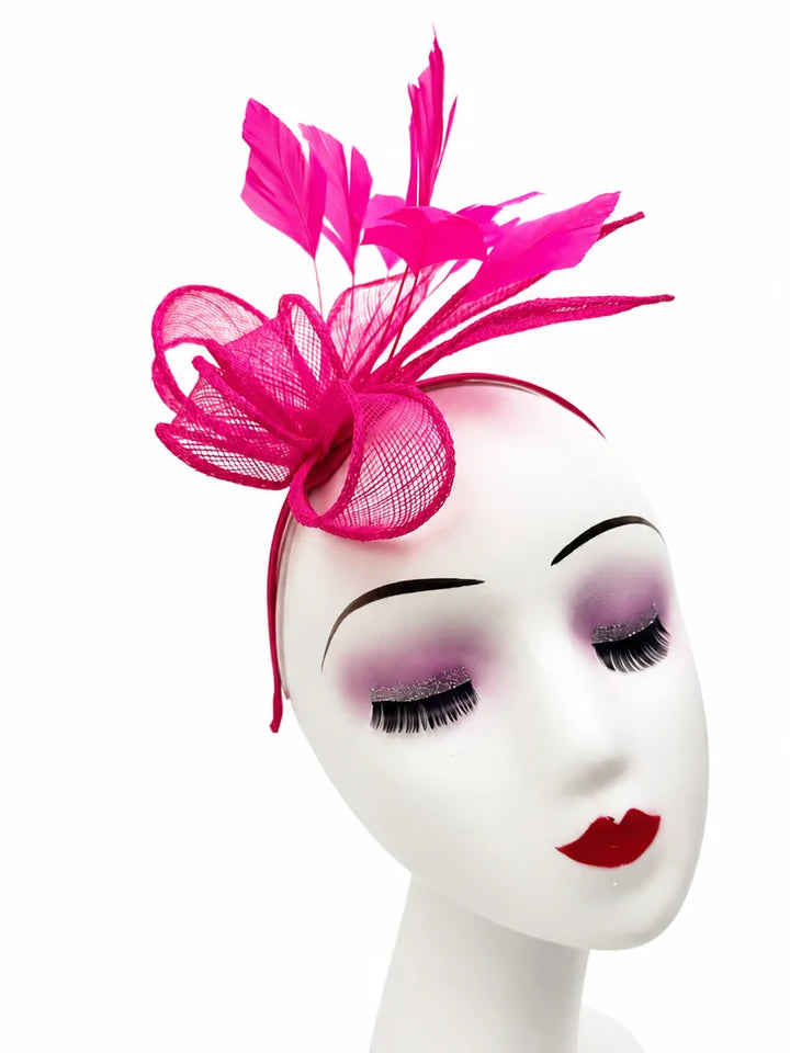 Ft26150 Sinamay Fascinator with Feathers Detailing Fushia