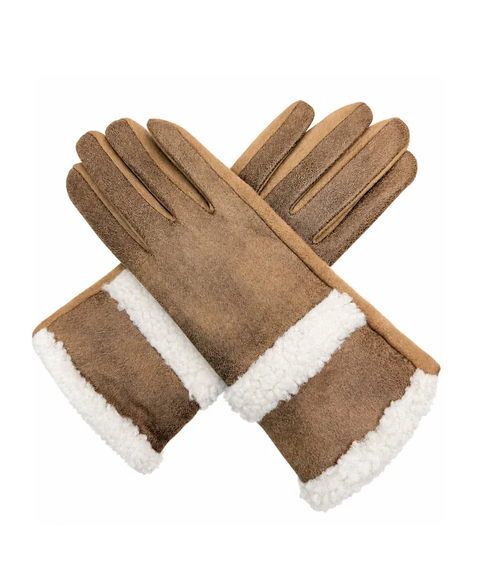 Gv26082-381 Plain Texture Gloves with Fur Detailing Brown