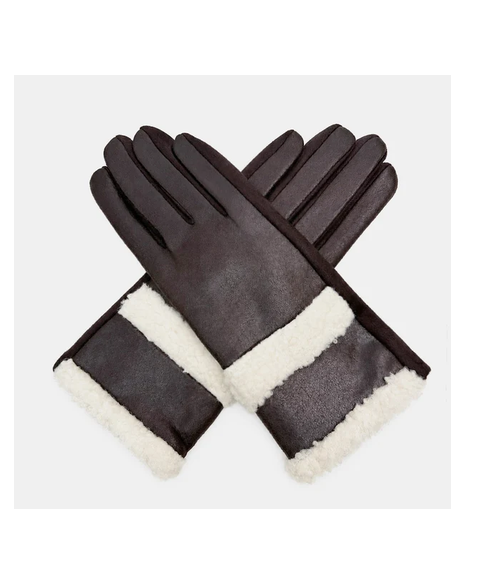 Gv26082-381 Plain Texture Gloves with Fur Detailing Coffee