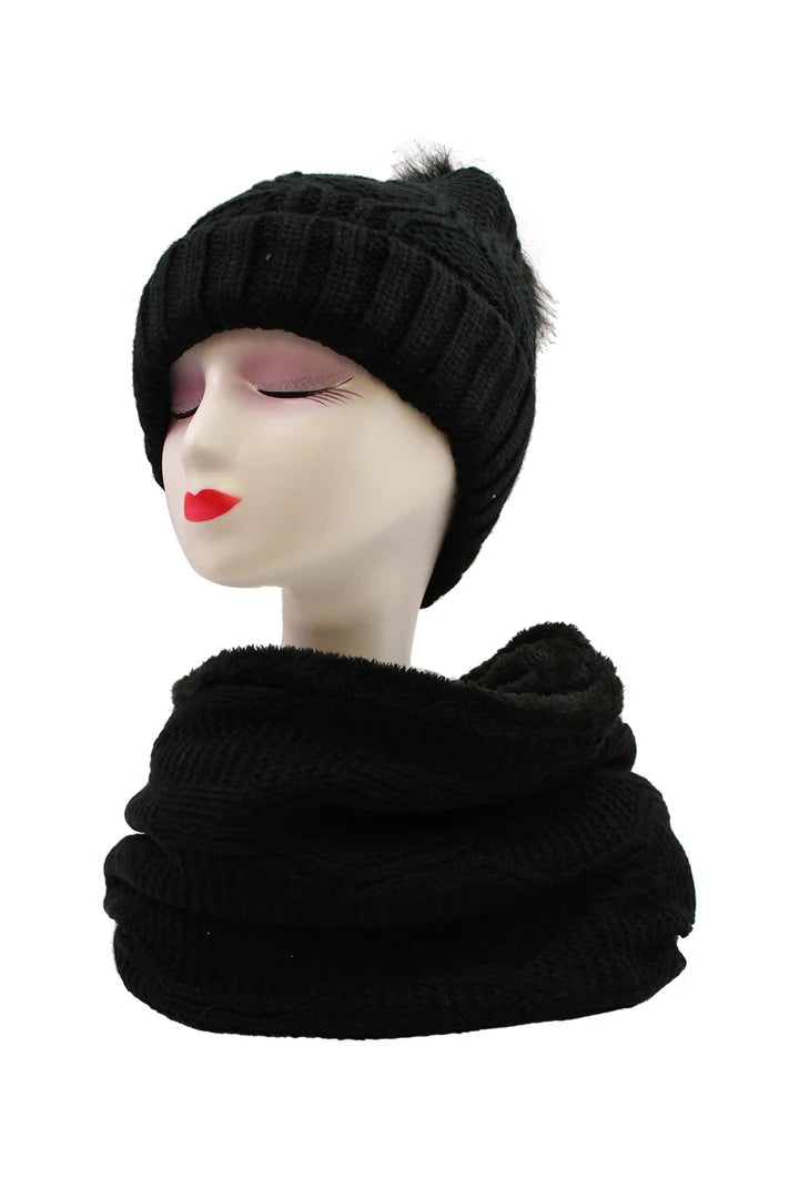 Ht19238-110 Pom Pom Hat And Scarf Set WINE