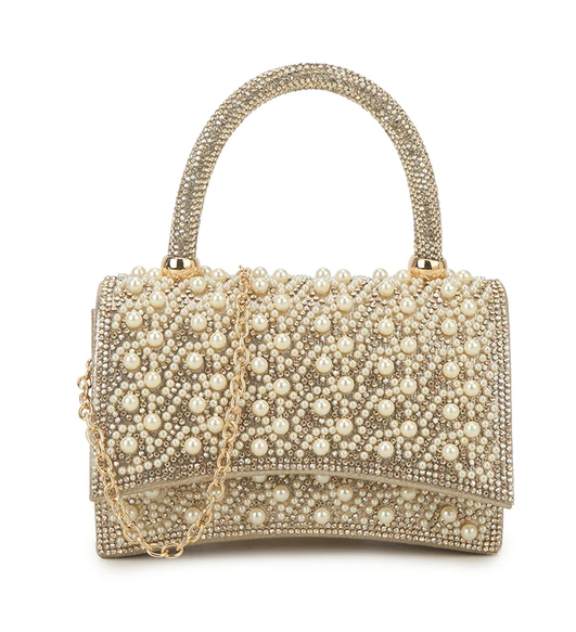Ld3742 BLING/PEARL HANDLE ENVELOPE CLUTCH Gold