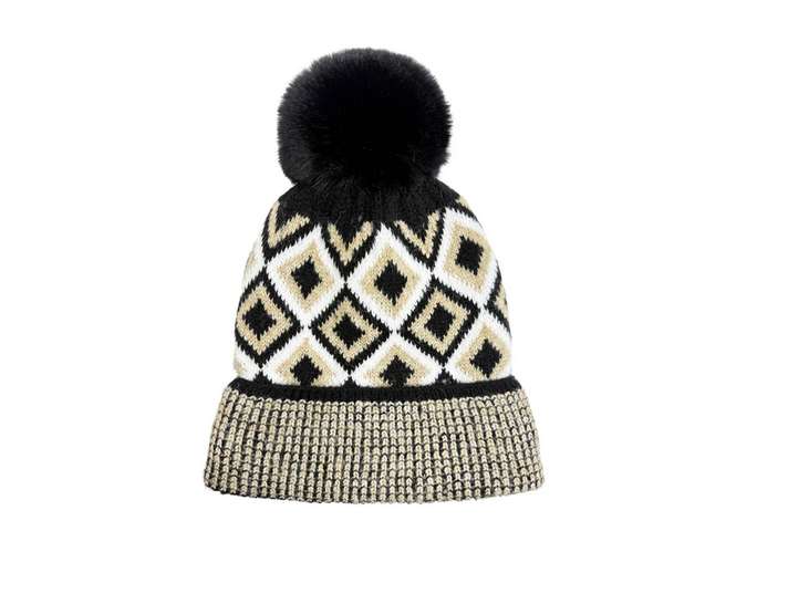 Ht25105-325 Arg Print Pom Pom Beanie Hat Black