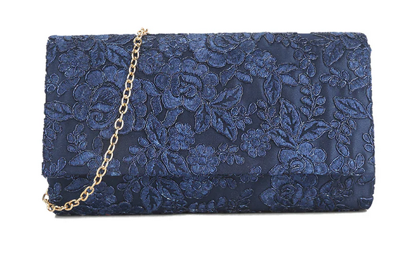 K3369 Flower Design Brocade Clutch Bag Navy