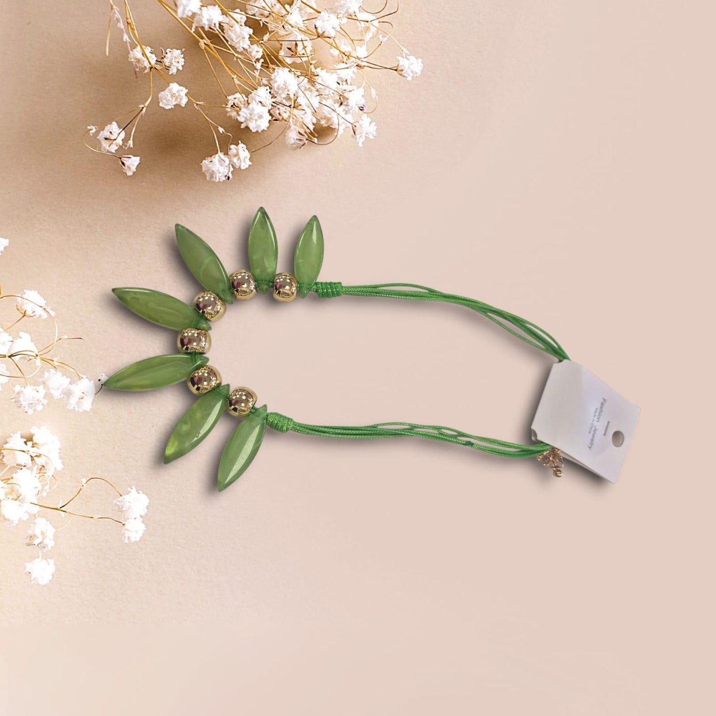 Xn-2663 Oval Beads On Leather Necklace Green