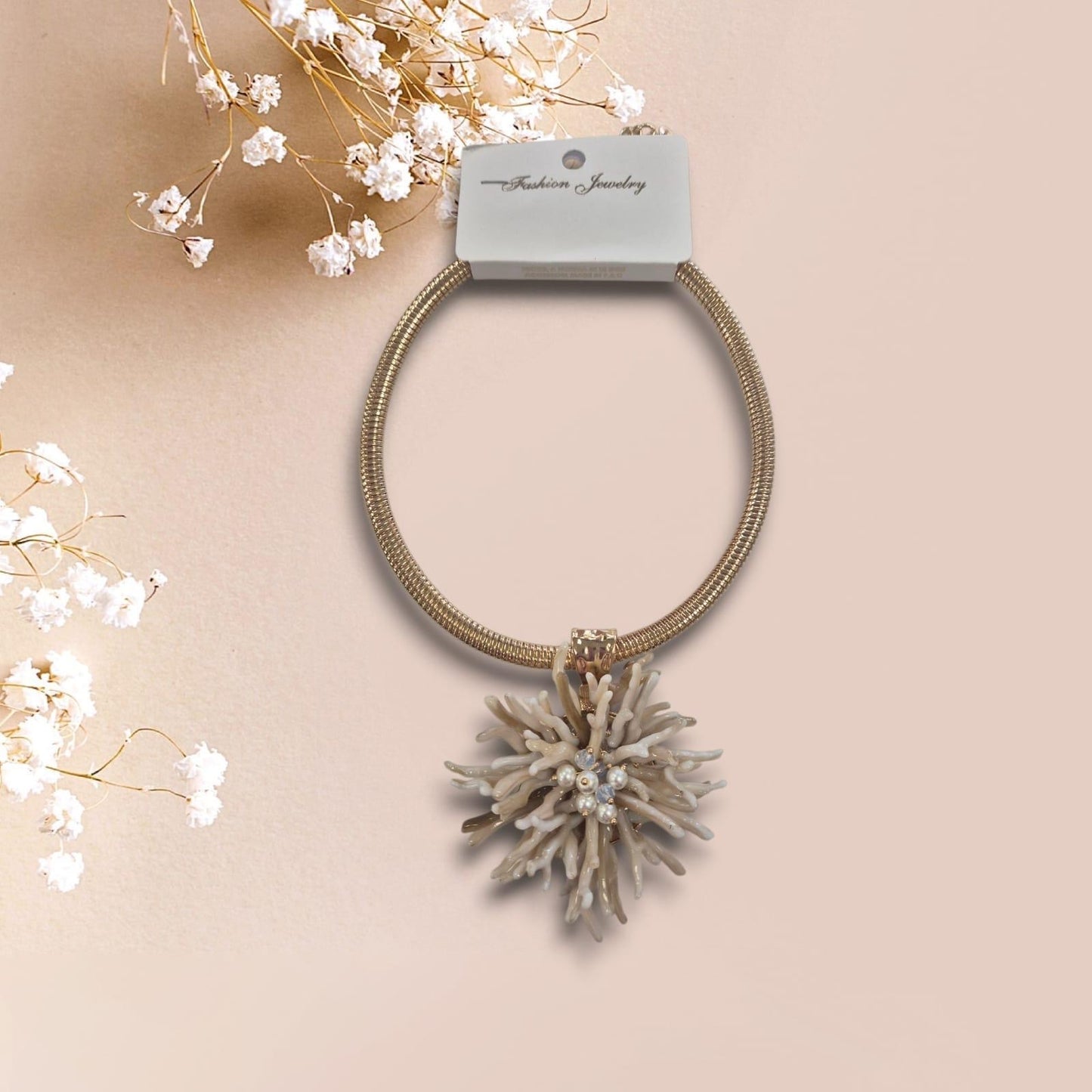 Yal-2346 Stretchy Chocker With Coral Flo Gold/Beige