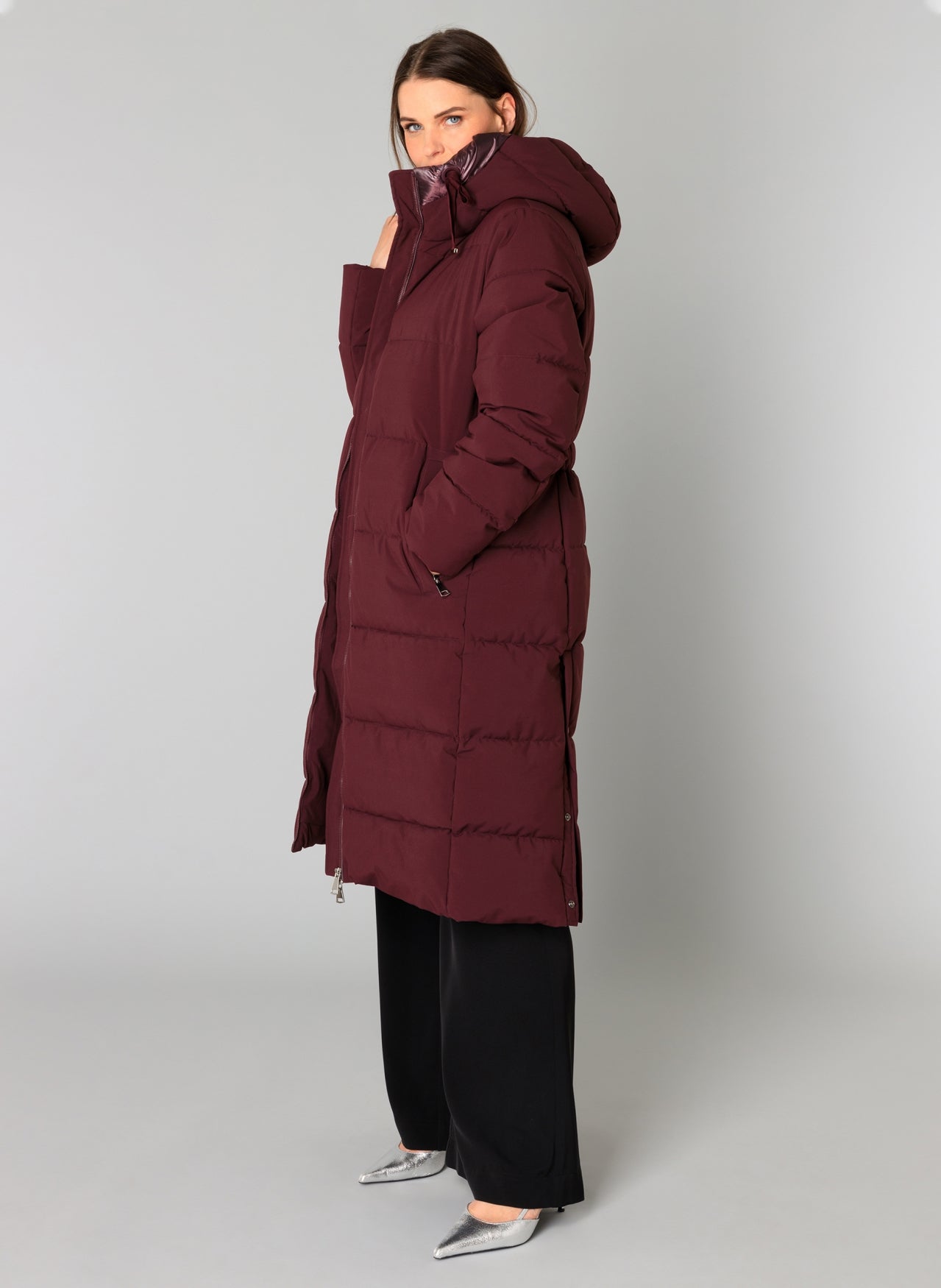 0005648 Knee Lgt Padded Shiny Hood Coat Plum