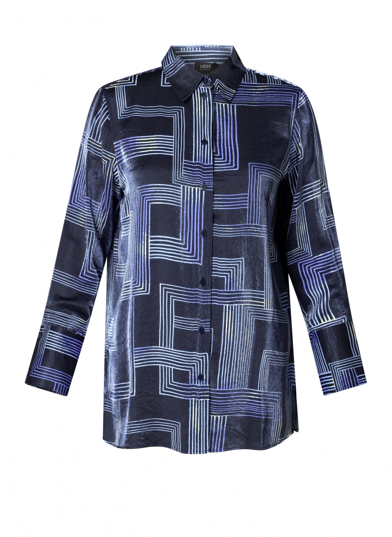 0005713 Satin Geo Print Long Line Blouse Navy/Blue