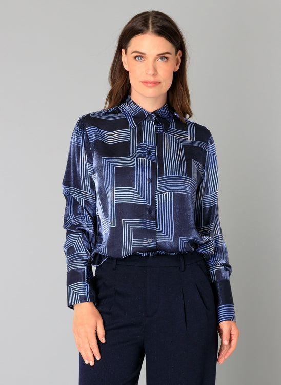 0005713 Satin Geo Print Long Line Blouse Navy/Blue