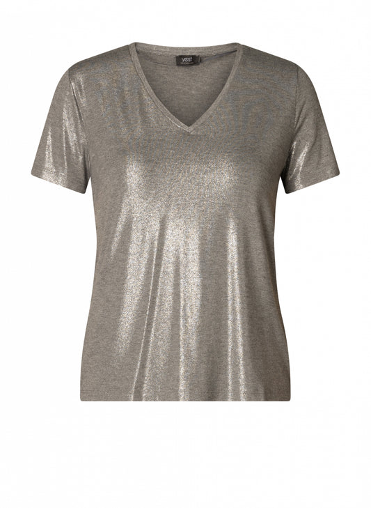 0005749 Glittery V-Neck S/S Top Silver
