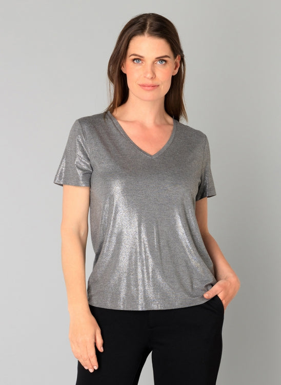 0005749 Glittery V-Neck S/S Top Silver