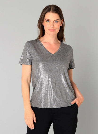 0005749 Glittery V-Neck S/S Top Silver