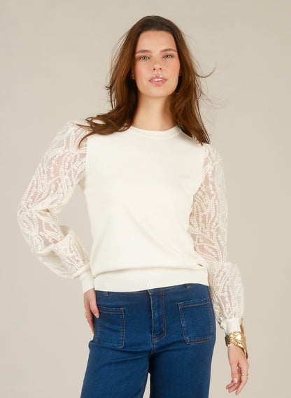 0006108 O-Neck Jumper With Lace Slve Cream