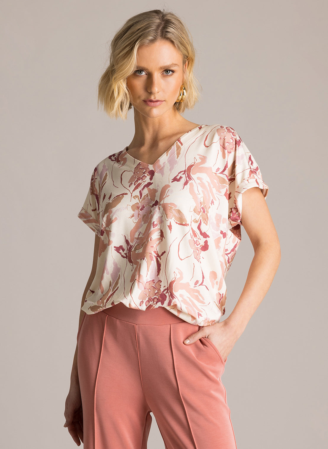 6209 V Neck Sh/Sl Print Tshirt Wine/Cream
