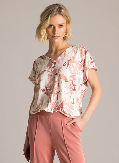 6209 V Neck Sh/Sl Print Tshirt Wine/Cream