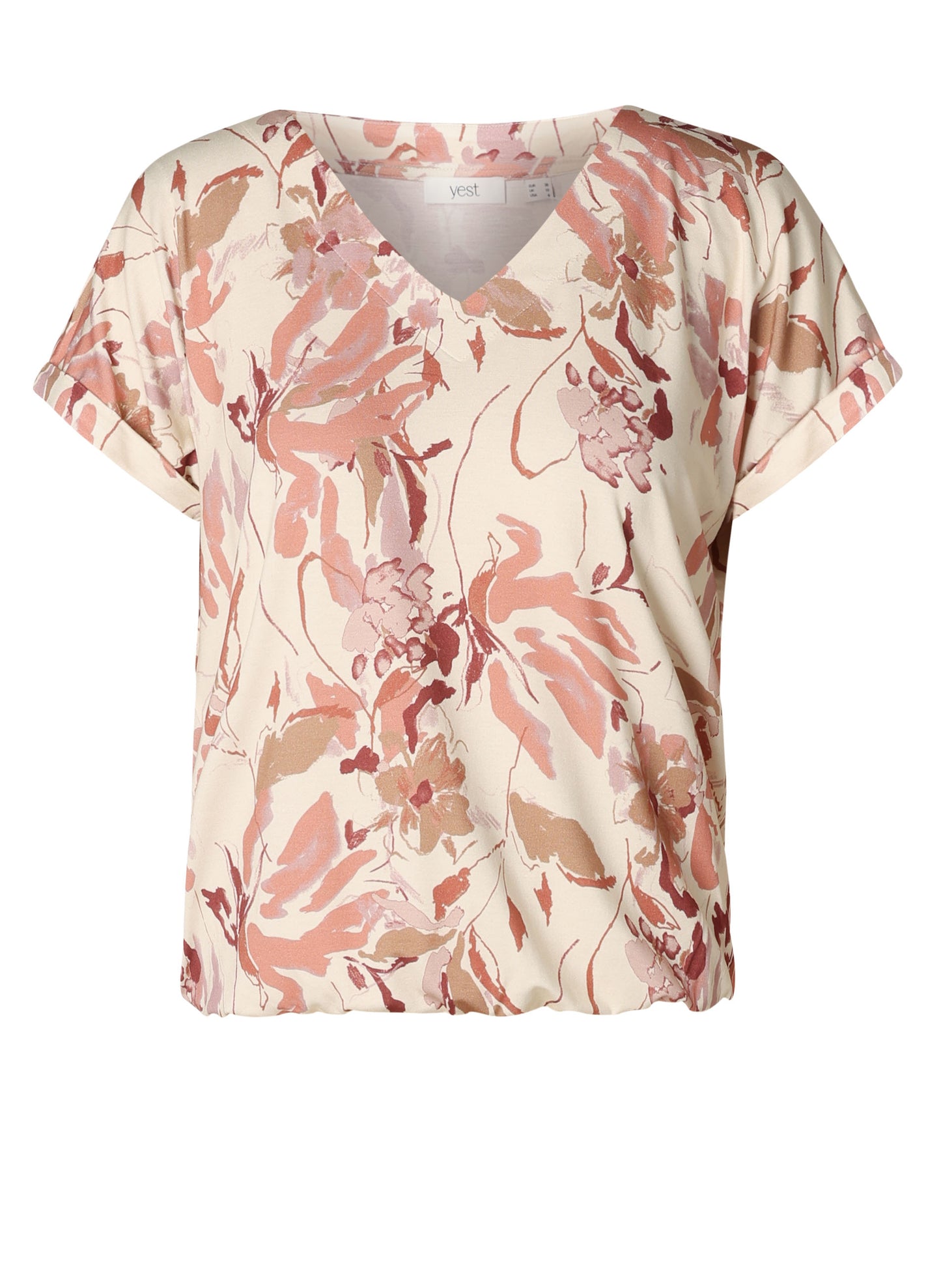 6209 V Neck Sh/Sl Print Tshirt Wine/Cream