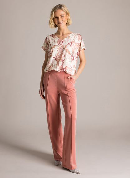 6209 V Neck Sh/Sl Print Tshirt Wine/Cream