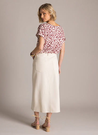 6209 V Neck Sh/Sl Print Tshirt Nude/Plum
