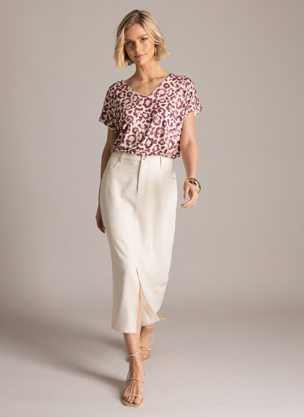 6209 V Neck Sh/Sl Print Tshirt Nude/Plum
