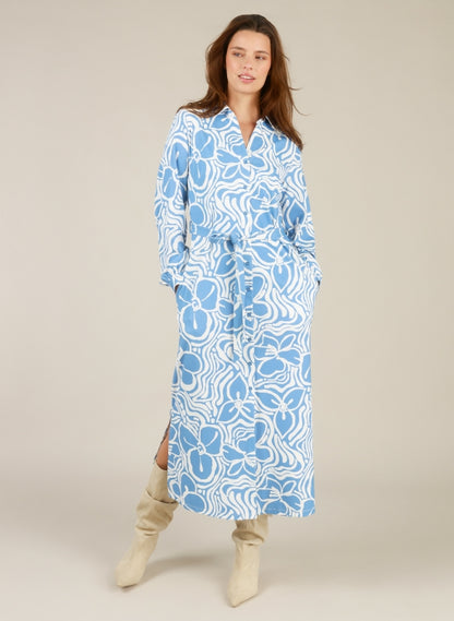 Puck 6243 Print Maxi Dress With Belt Blue/Cream