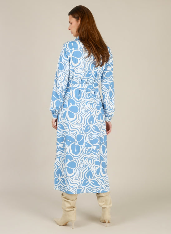 Puck 6243 Print Maxi Dress With Belt Blue/Cream