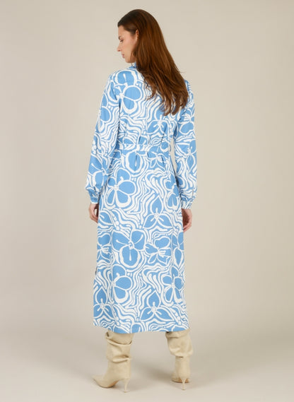 Puck 6243 Print Maxi Dress With Belt Blue/Cream