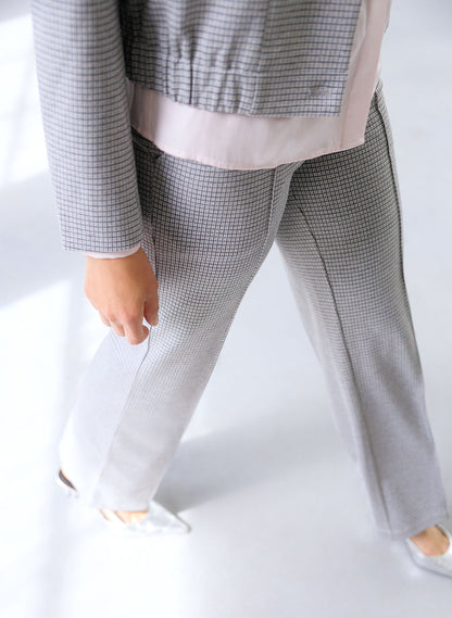 0006258 Check Wide Leg Pull Up Trousers Grey