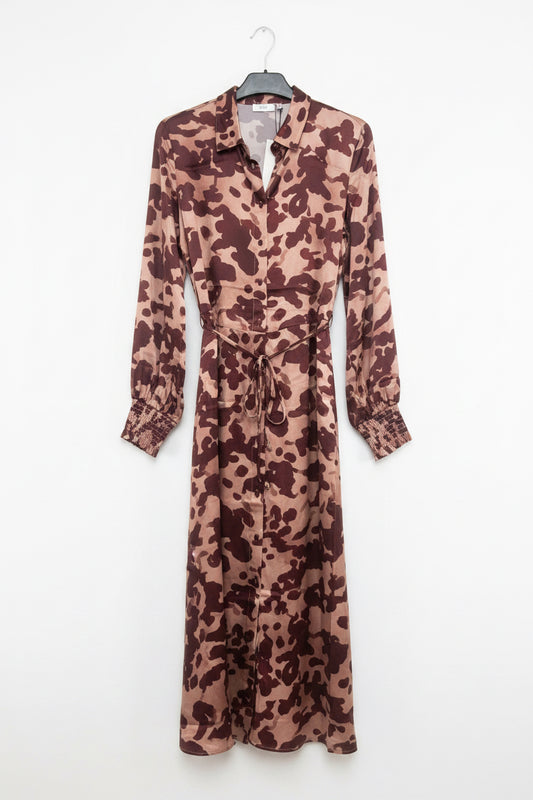 0006434 SILKY FABRIC PRINTED BUTTON UP TIE BELT L/S DRESS Wine/Pink