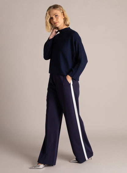 6455 SOFT WIDE LEG TRS WITH WHITE STRIPE BACK POCKET Navy/White