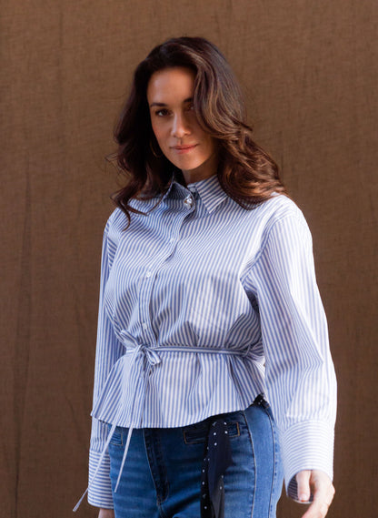 6693 STRIPED SHIRT WITH STRING BELT FANCY TOP BUTTON Blue/White