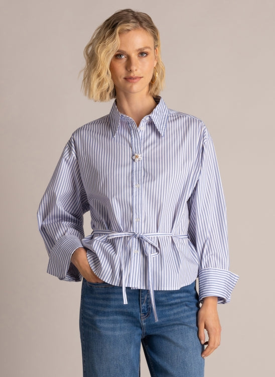 6693 STRIPED SHIRT WITH STRING BELT FANCY TOP BUTTON Blue/White