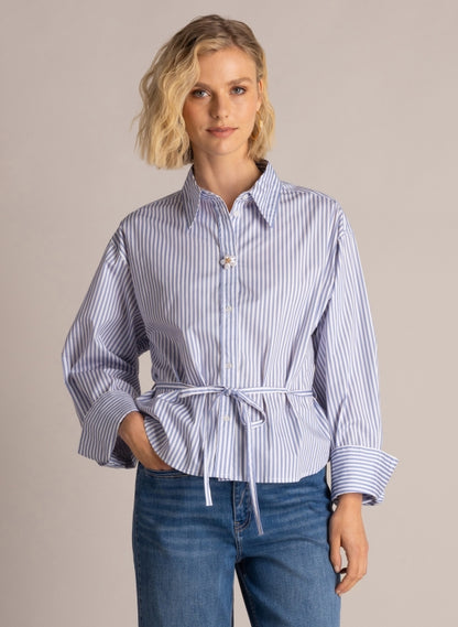 6693 STRIPED SHIRT WITH STRING BELT FANCY TOP BUTTON Blue/White