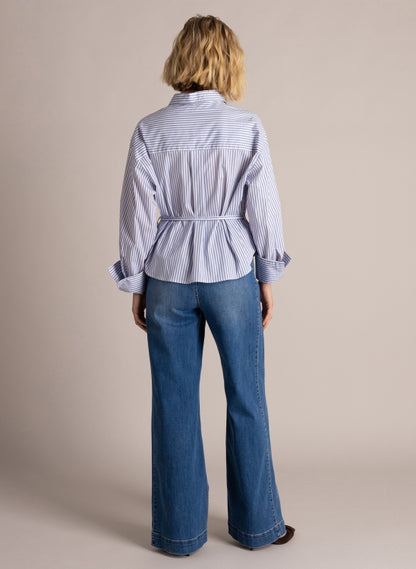 6693 STRIPED SHIRT WITH STRING BELT FANCY TOP BUTTON Blue/White