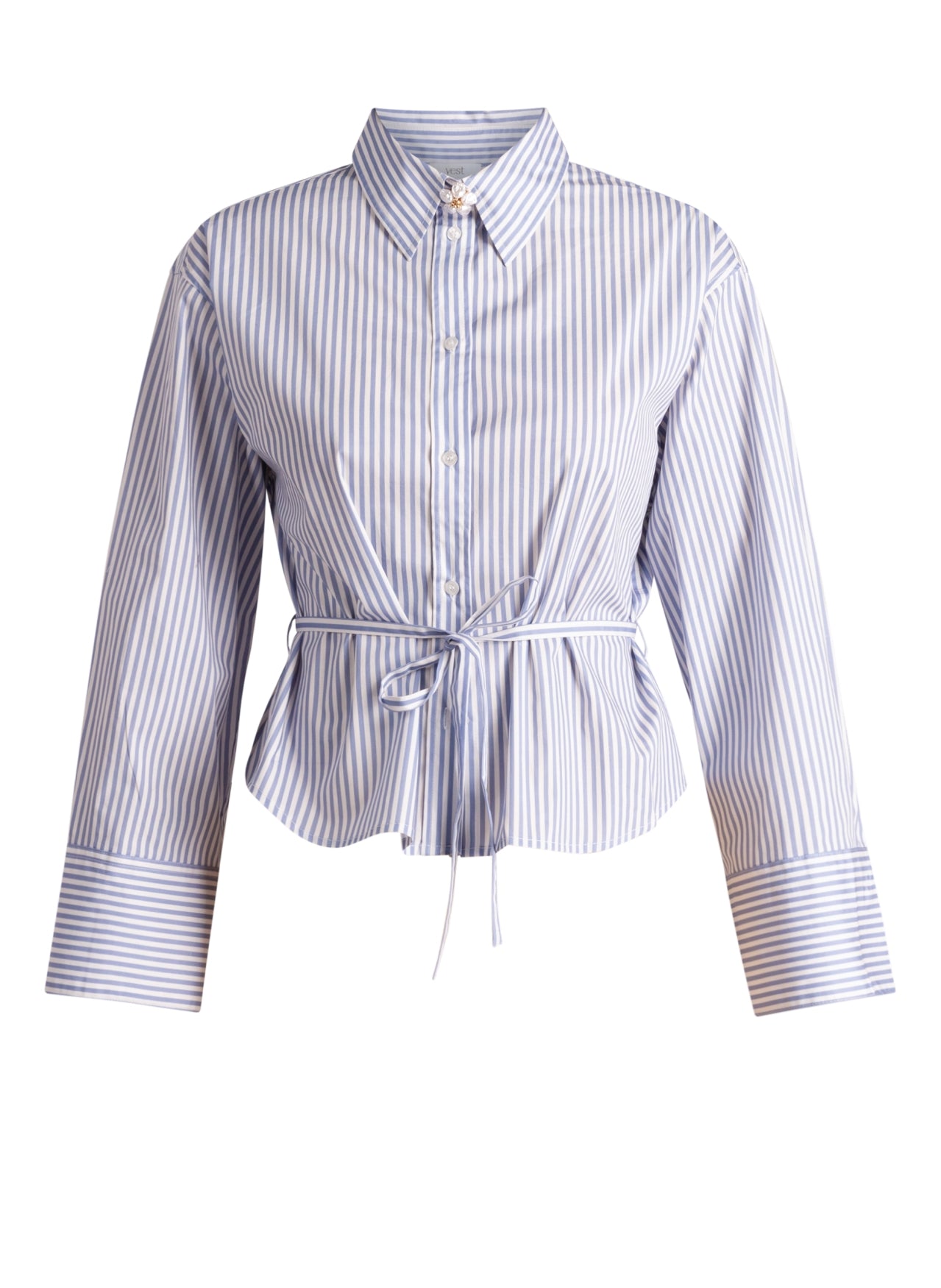 6693 STRIPED SHIRT WITH STRING BELT FANCY TOP BUTTON Blue/White