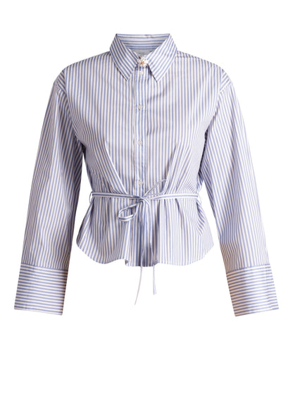 6693 STRIPED SHIRT WITH STRING BELT FANCY TOP BUTTON Blue/White