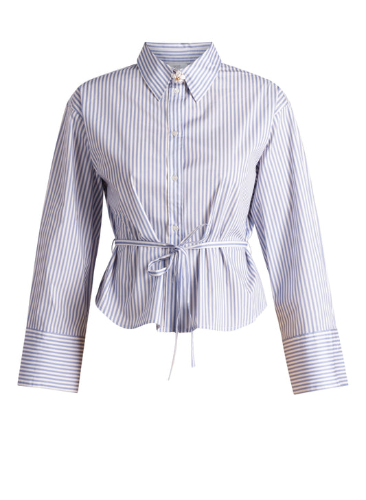 6693 STRIPED SHIRT WITH STRING BELT FANCY TOP BUTTON Blue/White