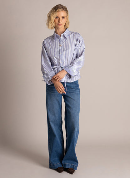 6693 STRIPED SHIRT WITH STRING BELT FANCY TOP BUTTON Blue/White