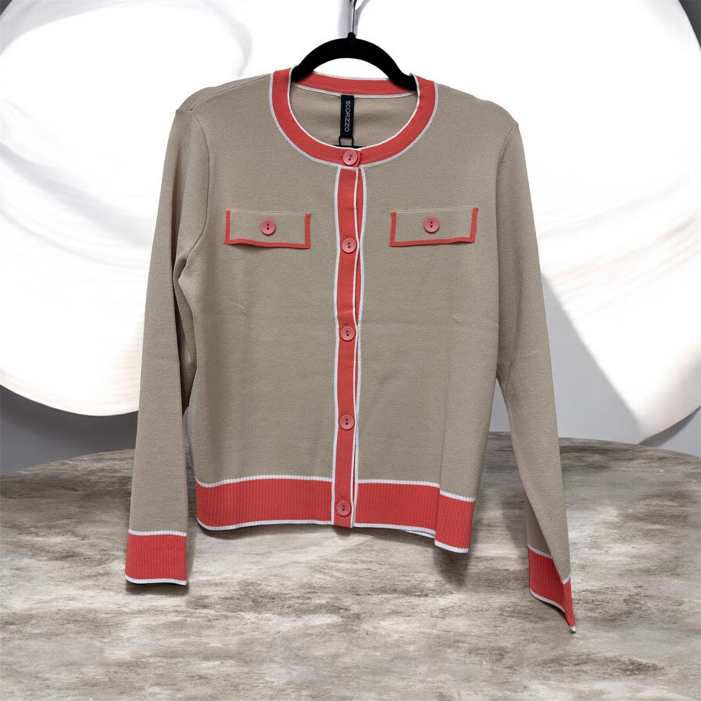 0126023 O-Neck Breast Pocket Style Cardi Beige/Orange