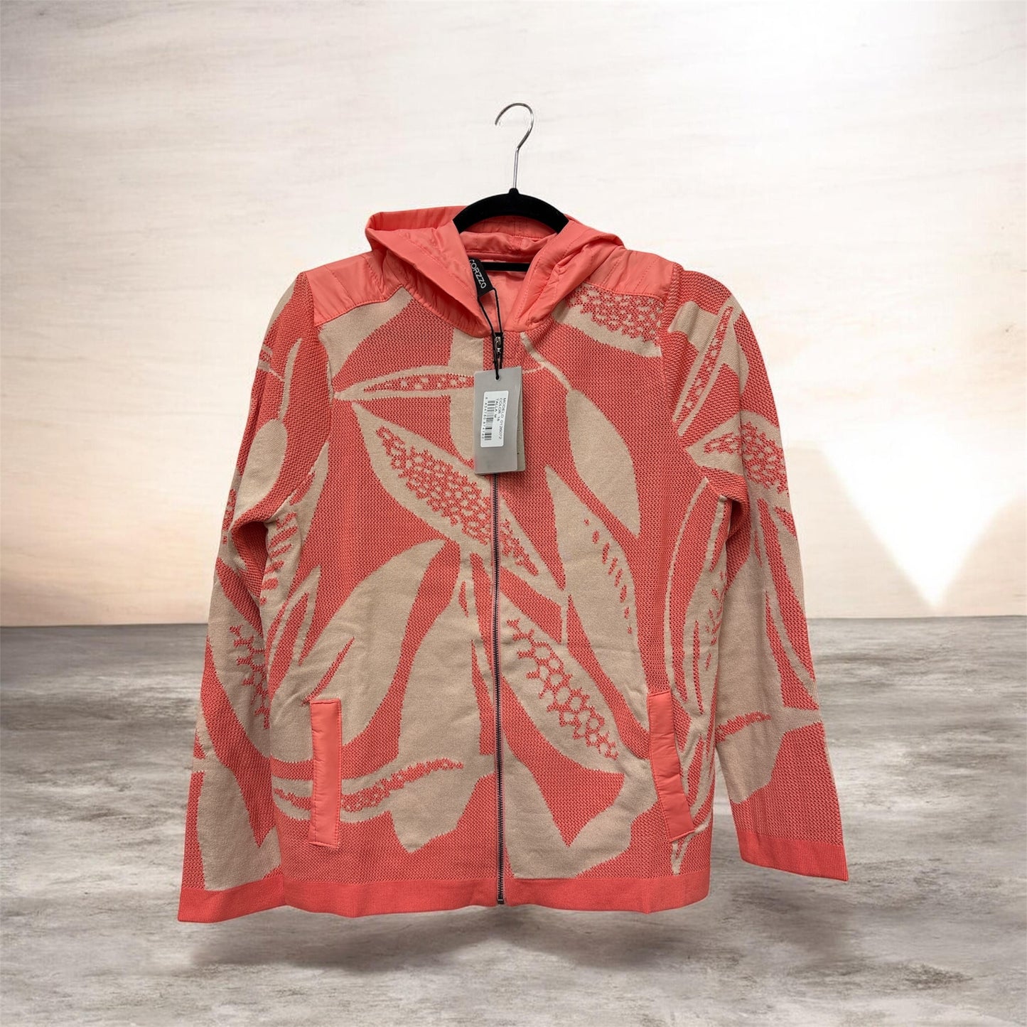0126072 Jacquared Hooded Zip Up Coat Beige/Orange