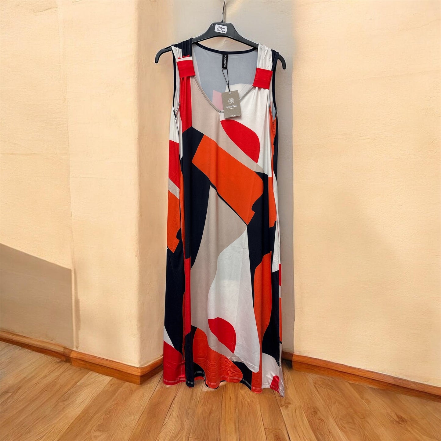 0126606 S/L Print V-Neck Dress Navy/Orange