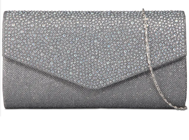 0702 GLITTERY ENVELOPE CLUTCH BAG WITH BLING FLAP Grey