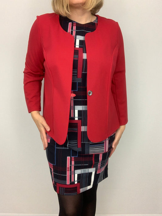 08713 3/4 Slve One Button No Collar Jack Red