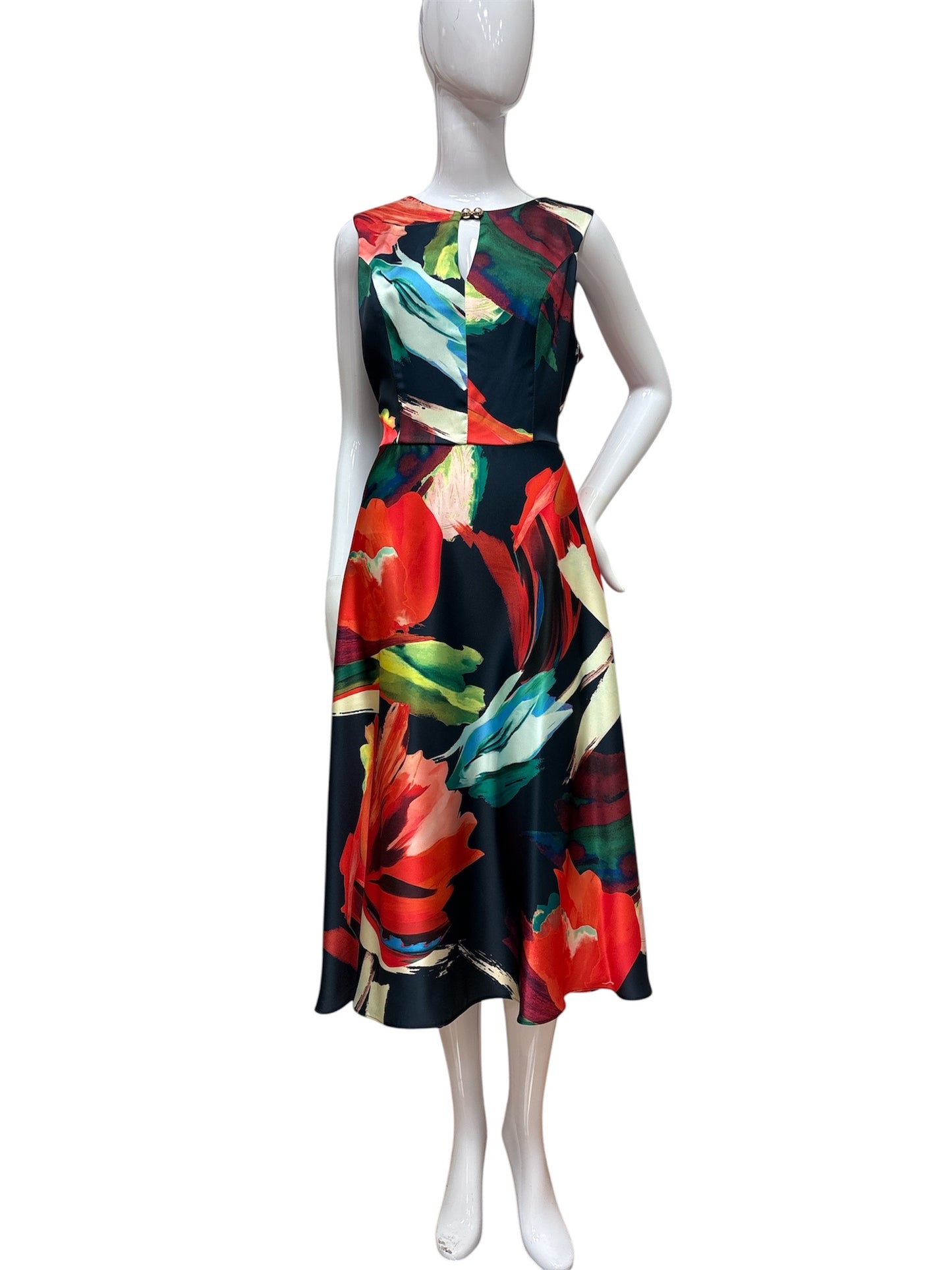 1007.9 Satin S/L V-Neck Printed Aline Dr Red