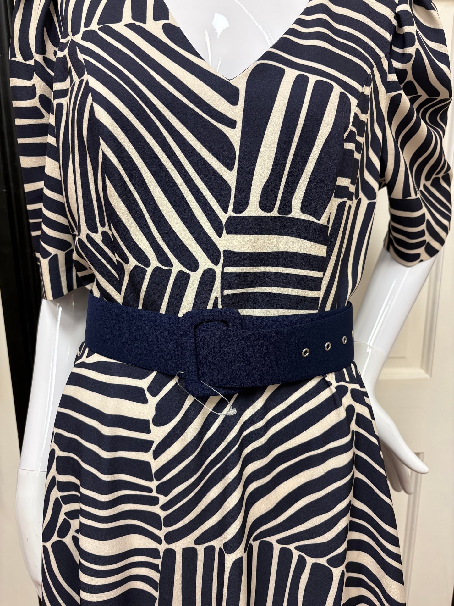 1023.8 Print 3/4 Slve A-Line V-Neck Dres Navy/Cream