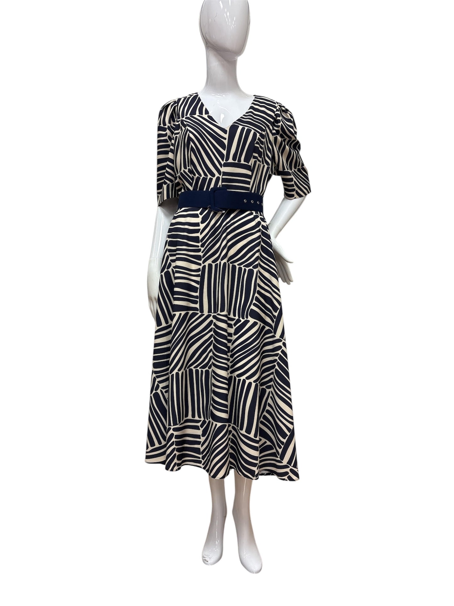 1023.8 Print 3/4 Slve A-Line V-Neck Dres Navy/Cream
