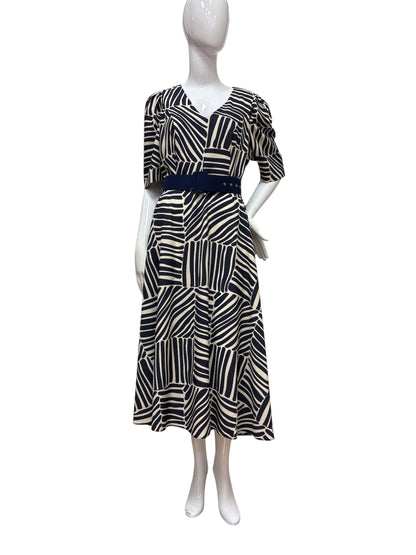 1023.8 Print 3/4 Slve A-Line V-Neck Dres Navy/Cream