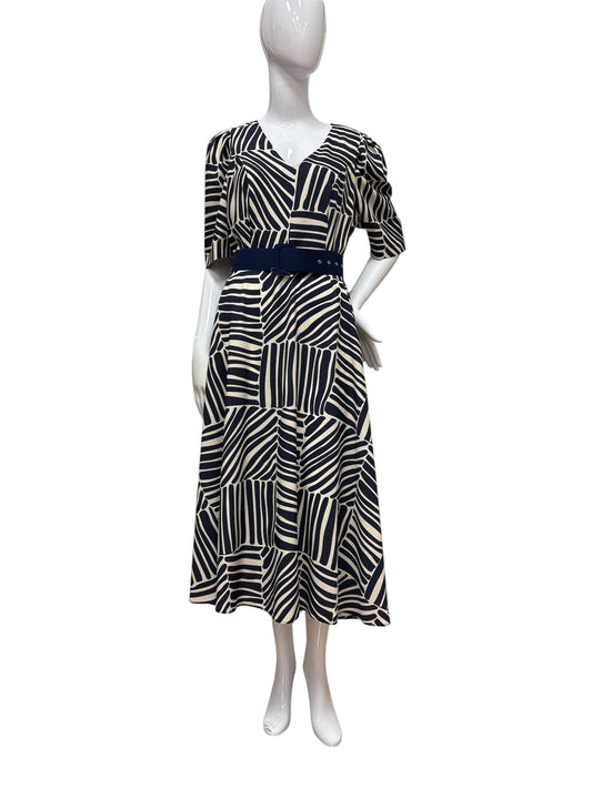 1023.8 Print 3/4 Slve A-Line V-Neck Dres Navy/Cream