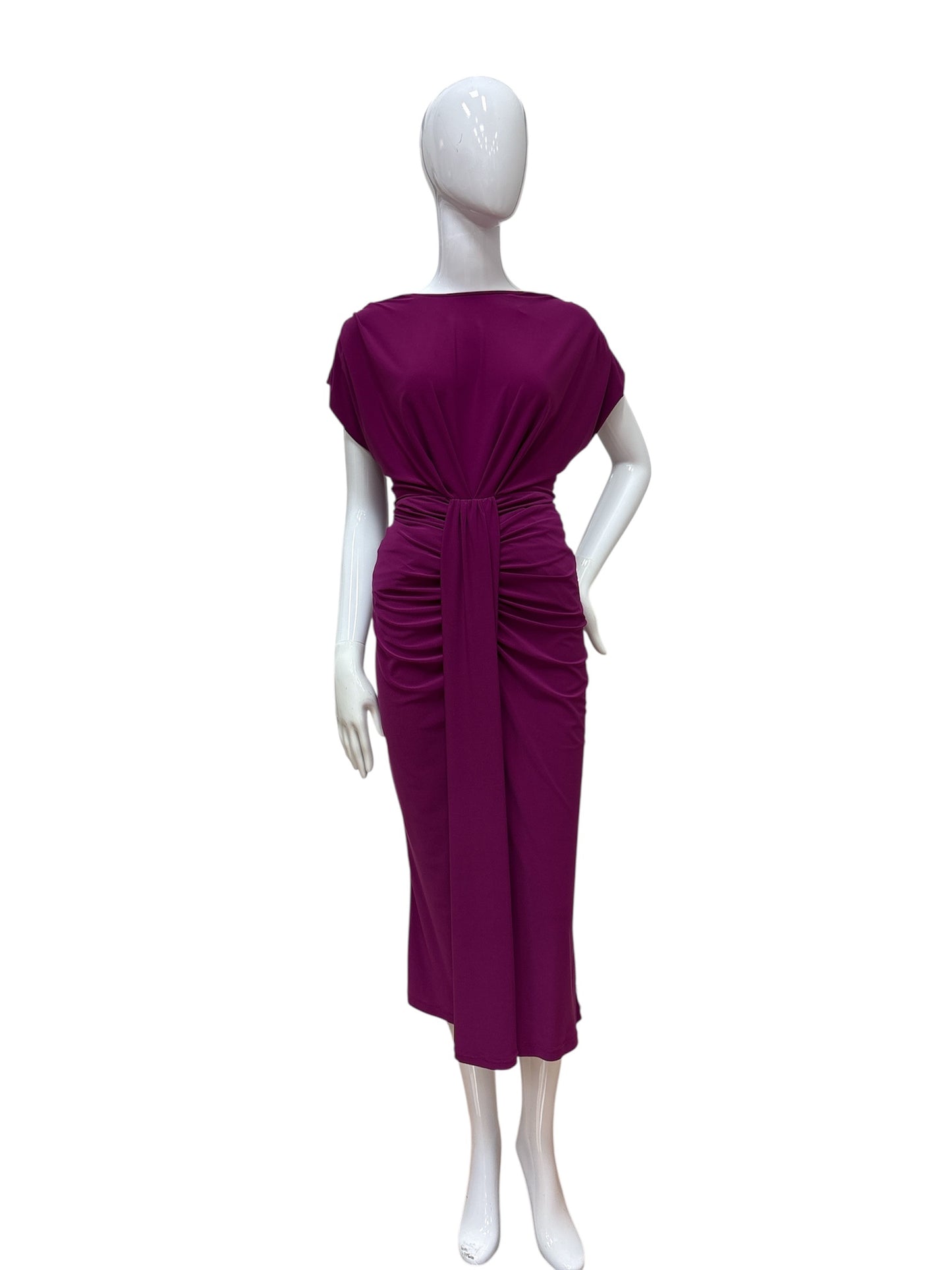 1037.8 Stretchy Ruched O-Neck S/L Dress Magenta/Cream